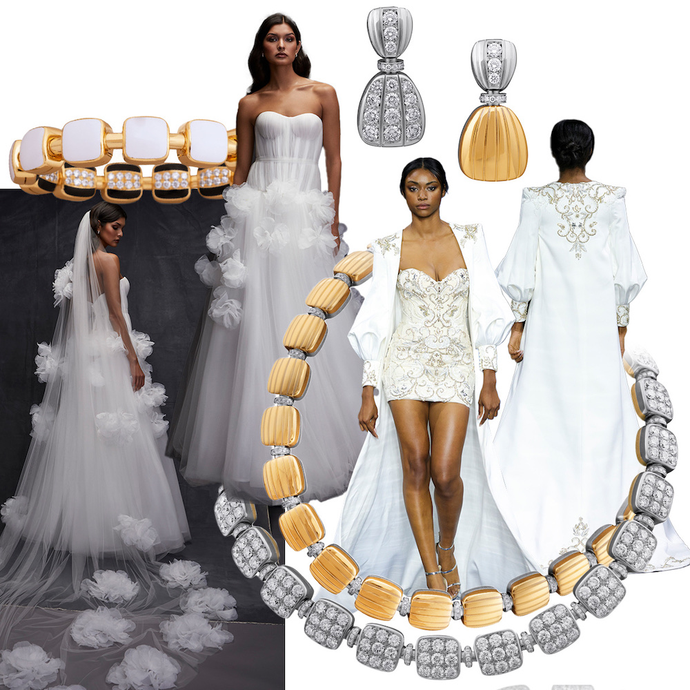 PICCHIOTTI Reversible Xpandable White Ceramic – Black Onyx and Diamond bracelet, Nadia Manjarrez bridal gown with removable train (Spotlight Launchmetrics), PICCHIOTTI Reversible Gold – Diamond earrings, The Atelier removable bridal coat (Spotlight Launchmetrics), PICCHIOTTI Reversible Gold – Diamond necklace