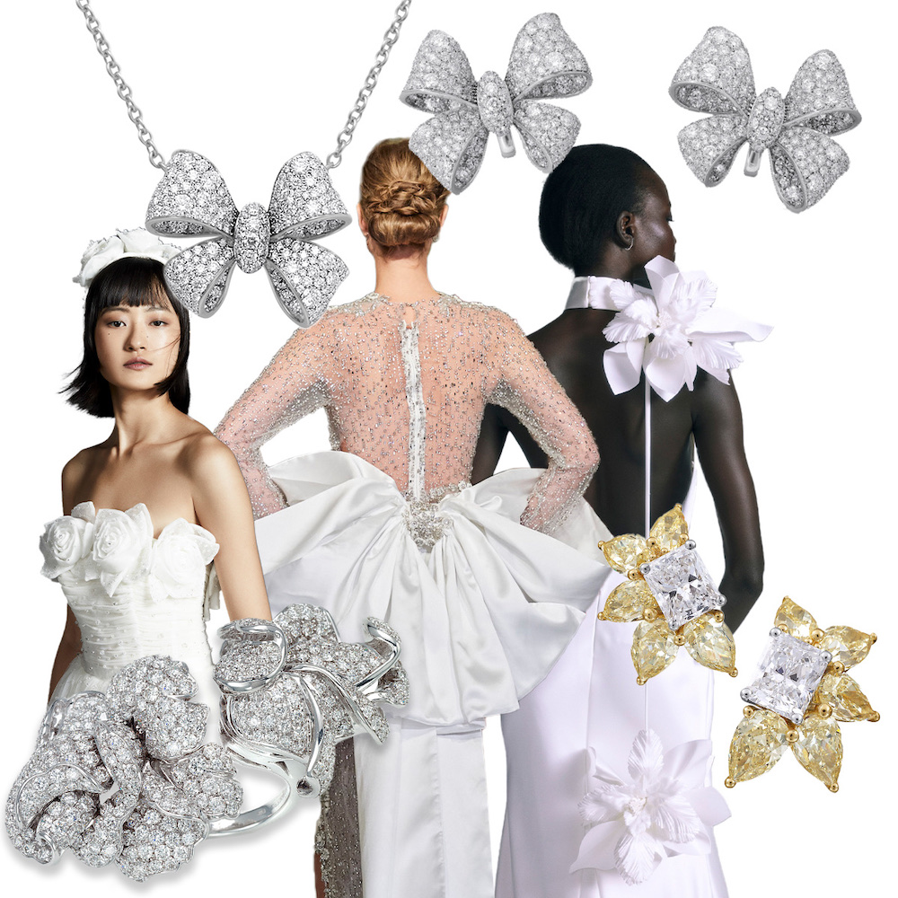 Clockwise from upper left – PICCHIOTTI Fiocco collection bow pendant necklace, Esé Azénabor (Spotlight Launchmetrics), PICCHIOTTI Fiocco diamond bow earrings, Amsale (Spotlight Launchmetrics), PICCHIOTTI Diamond Floral earrings, PICCHIOTTI Rose Garden two flower ring, Viktor & Rolf (Spotlight Launchmetrics)