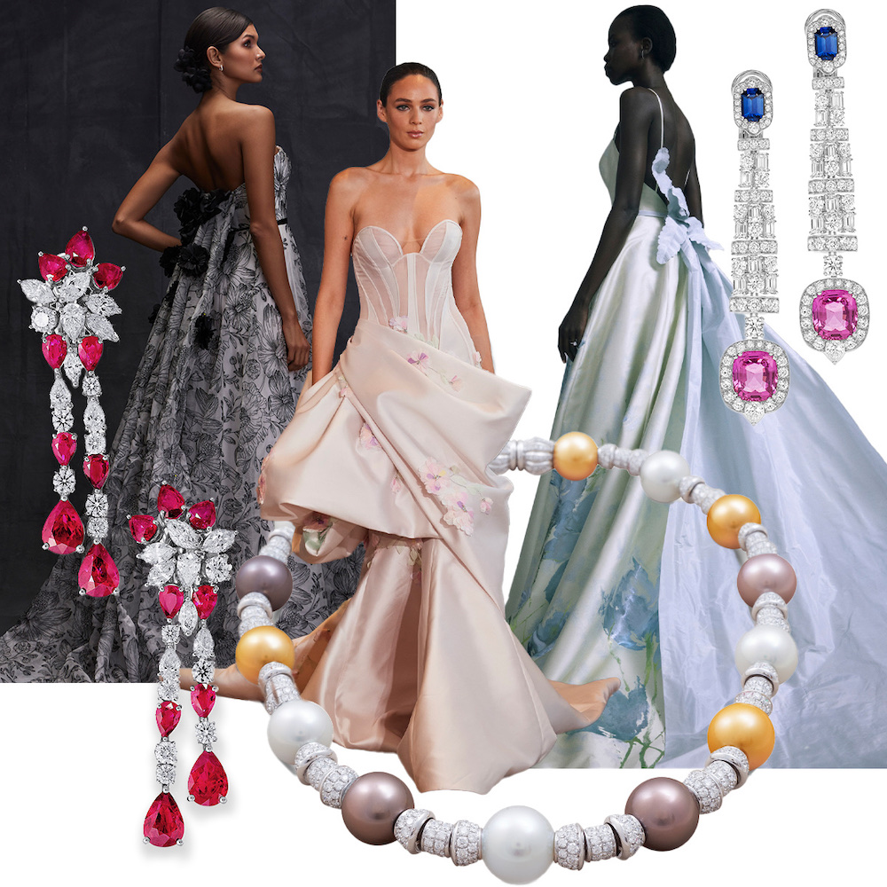 PICCHIOTTI Essentially Color pink and blue sapphire and diamond earrings, Amsale (Spotlight Launchmetrics), PICCHIOTTI Essentially Color Pearl and Diamond necklace, Ines di Santo (Spotlight Launchmetrics), PICCHIOTTI Masterpieces Ruby and Diamond Floral earrings, Nadia Manjarrez (Spotlight Launchmetrics)