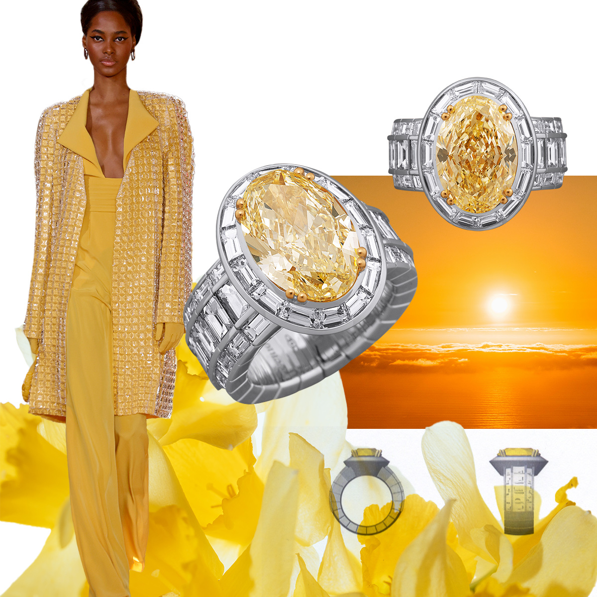George Hobeika, Paris Spring/Summer 2024 (Getty), PICCHIOTTI Xpandable Oval-Cut Fancy Yellow Diamond cocktail ring