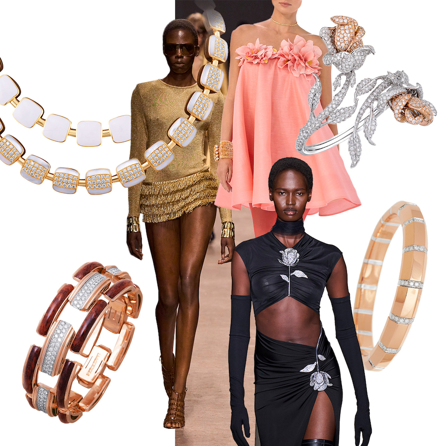 PICCHIOTTI Reversible necklace featuring white ceramic on one side and mother of pearl and diamonds on the other, Tom Ford S/S 2024 (Spotlight Launchmetrics), Zimmermann S/S 2024 (Spotlight Launchmetrics), PICCHIOTTI Rose Garden collection bracelet, PICCHIOTTI Xpandable Gold Accent bracelet, David Koma S/S 2024 (Spotlight Launchmetrics), PICCHIOTTI Snakewood Xpandable cuff bracelet 