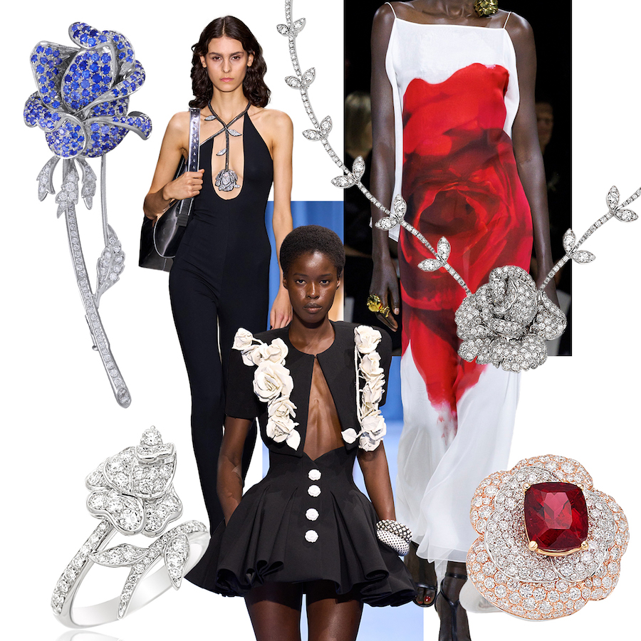Clockwise from upper left – PICCHIOTTI Rosebud sapphire and diamond brooch, David Koma S/S 2024, PICCHIOTTI Rose Garden diamond necklace, Alexander McQueen S/S 2024, PICCHIOTTI Rose Garden rubellite ring, Balmain S/S 2024 (all fashion images from Spotlight Launchmetrics), PICCHIOTTI Rosebud diamond ring