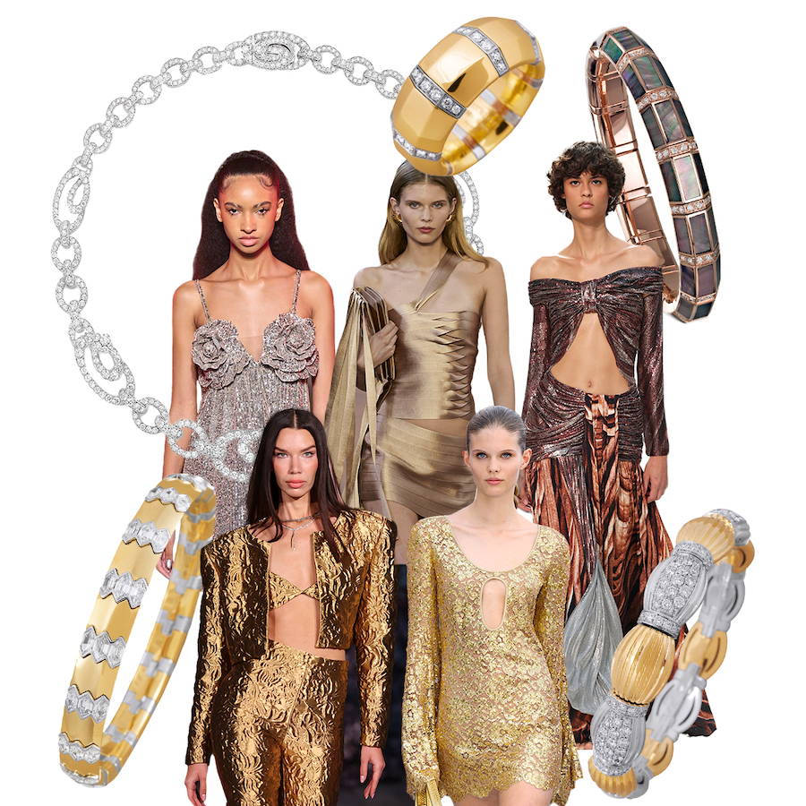 PICCHIOTTI Swirls diamond collar necklace, Christian Cowan S/S 2024, Alberta Ferretti S/S 2024, PICCHIOTTI Gold Accent Xpandable ring, Rabanne S/S 2024, PICCHIOTTI Xpandable "The 8158" bracelet with green Mother of Pearl and Diamonds, PICCHIOTTI Xpandable Glee bracelet, Michael Kors S/S 2024, Christian Siriano S/S 2024, PICCHIOTTI Xpandable Golden Accent bracelet (all fashion runway images from Spotlight Launchmetrics)