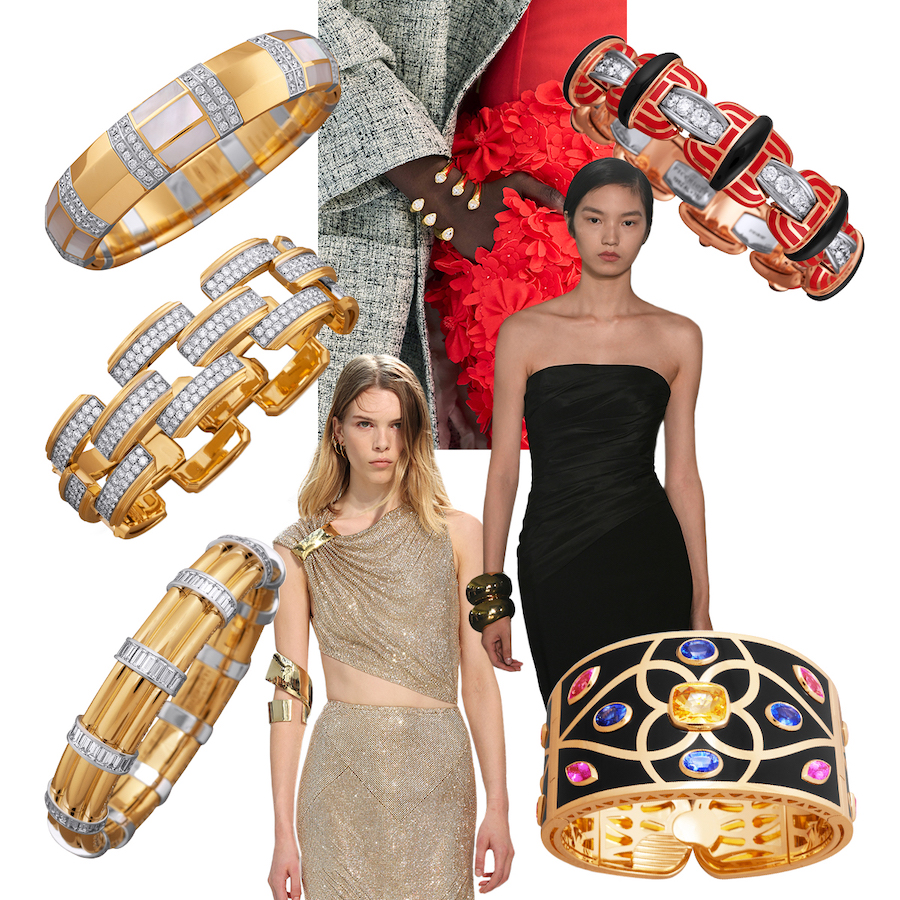 PICCHIOTTI Xpandable “The 8158” bracelet, Zimmermann S/S 2024, PICCHIOTTI Xpandable Gem Ceramics Cuff Bracelet, Carolina Herrera S/S 2024, PICCHIOTTI Gem Ceramic High Jewelry Cuff, Rabanne S/S 2024, PICCHIOTTI Xpandable Gold and Diamond bracelet, PICCHIOTTI Xpandable Gold and Diamond cuff (all runway images Spotlight Launchmetrics)