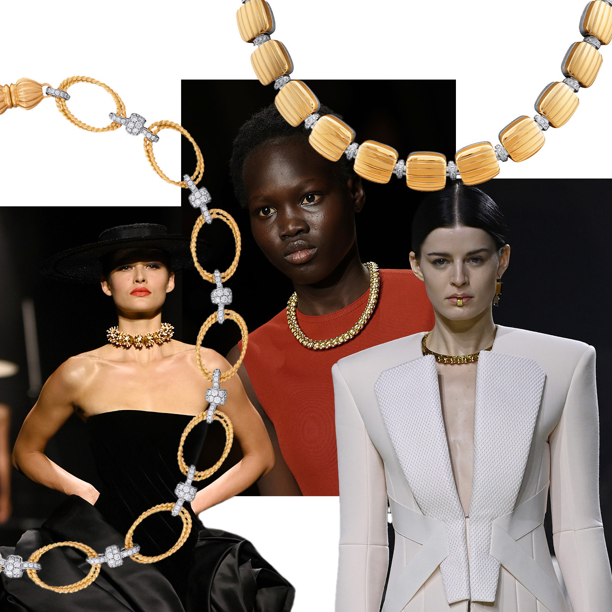 Left to right – Schiaparelli f/w 22/23 (Getty), PICCHIOTTI Gold and Diamond link chain necklace, Bottega Veneta f/w 2024-25 (Getty), PICCHIOTTI Xpandable Reversible Gold/Diamond necklace, Balmain f/w 22/23 (Getty)