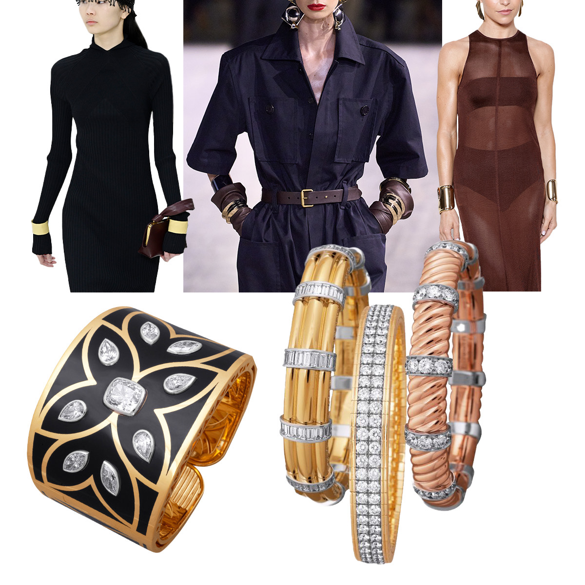 Top left to right – Jil Sander f/w 22/23 (Spotlight Launchmetrics), Saint Laurent s/s 24 (Getty), Elie Saab f/w 23/24 (Getty); Bottom left to right – PICCHIOTTI Gem Ceramic cuff, PICCHIOTTI Xpandable Gold Accent bracelet, PICCHIOTTI Xpandable Gold and Diamond bracelet, PICCHIOTTI Xpandable Rose Gold and Diamond bracelet