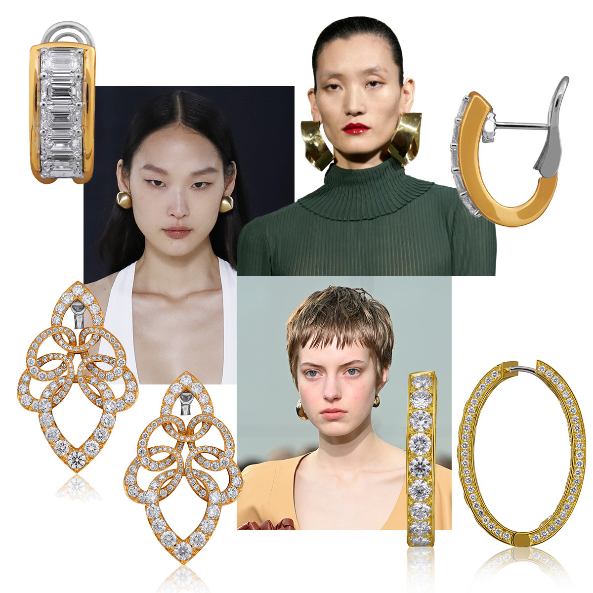 Clockwise from upper left –  PICCHIOTTI Gold and Diamond Hoop earring, Ferragamo f/w 23/24 (Getty), Valentino s/s 2024 (Spotlight Launchmetrics), PICCHIOTTI Gold and Diamond Hoop earrings, Chloé fw 22/23 (Getty), PICCHIOTTI Gold and Diamond statement earrings