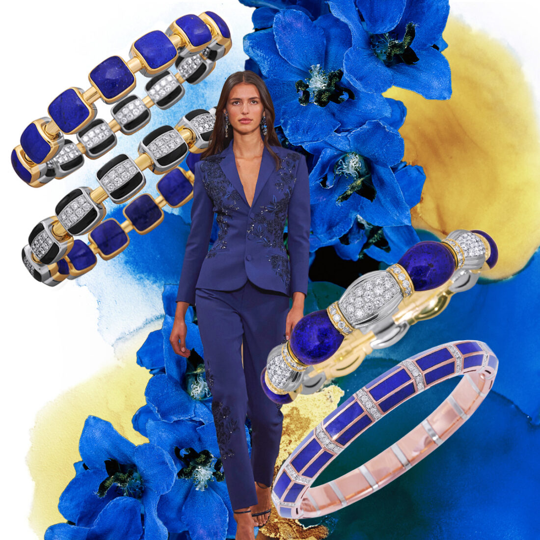 Left to right – PICCHIOTTI Xpandable Reversible Lapis, Diamond and Black Ceramic bracelet, Ralph Lauren S/S ’24, PICCHIOTTI Xpandable “Glee” bracelet, PICCHIOTTI Xpandable 8158 Lapis and Diamond bracelet