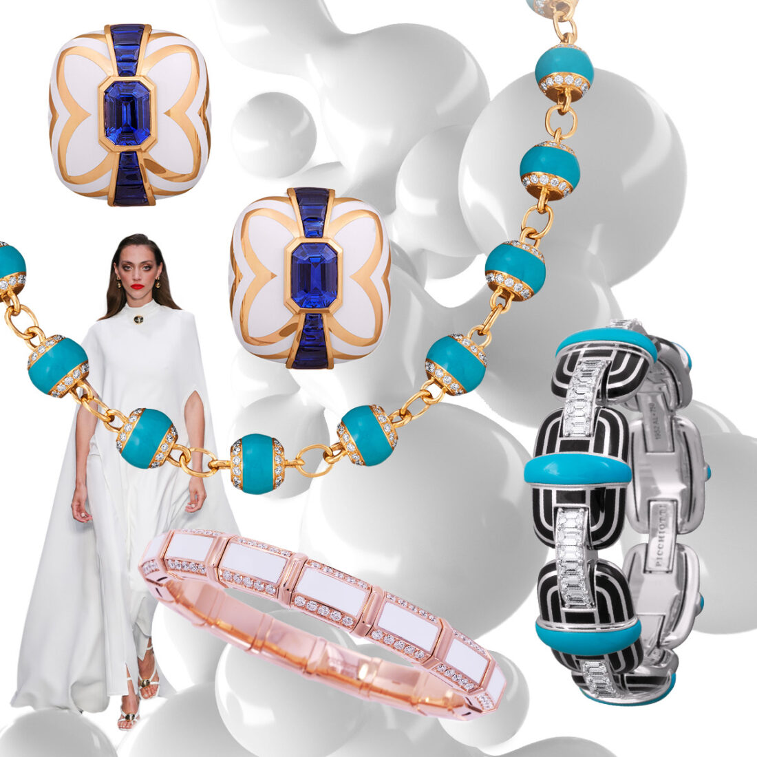 Clockwise from upper left – PICCHIOTTI Gem Ceramic Sapphire earrings, PICCHIOTTI turquoise hued gem ceramic, gold, and diamond necklace, PICCHIOTTI Gem Ceramic Xpandable bracelet, PICCHIOTTI Xpandable Fashion Gems bracelet, Pedro Palmas S/S ’25 (Spotlight Launchmetrics)