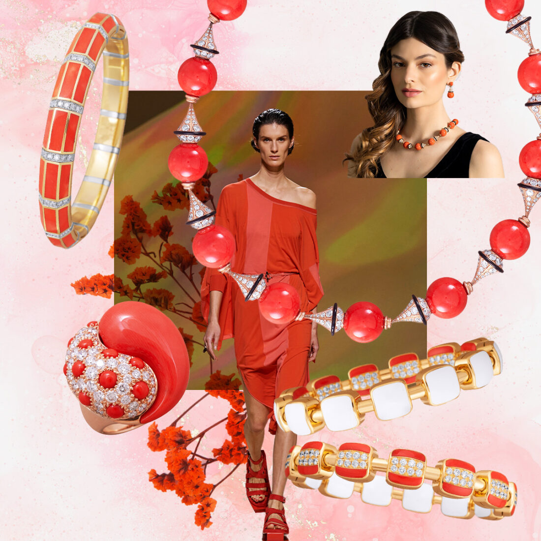 Clockwise from upper left – PICCHIOTTI Xpandable The 8158 Coral bracelet, PICCHIOTTI Coral Art Deco necklace, model wearing PICCHIOTTI coral necklace and earrings, PICCHIOTTI Xpandable Reversible bracelet, PICCHIOTTI Perfect Harmony Coral ring, Hermes S/S ’23 (Spotlight Launchmetrics)