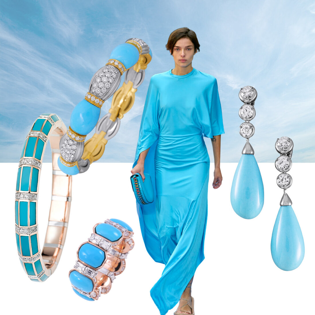 Left to right – PICCHIOTTI Xpandable The 8158 Turquoise bracelet, PICCHIOTTI Xpandable Glee bracelet, PICCHIOTTI Xpandable Turquoise and Diamond ring, Stella McCartney S/S ’23 (Spotlight Launchmetrics), PICCHIOTTI Turquoise and Diamond earrings