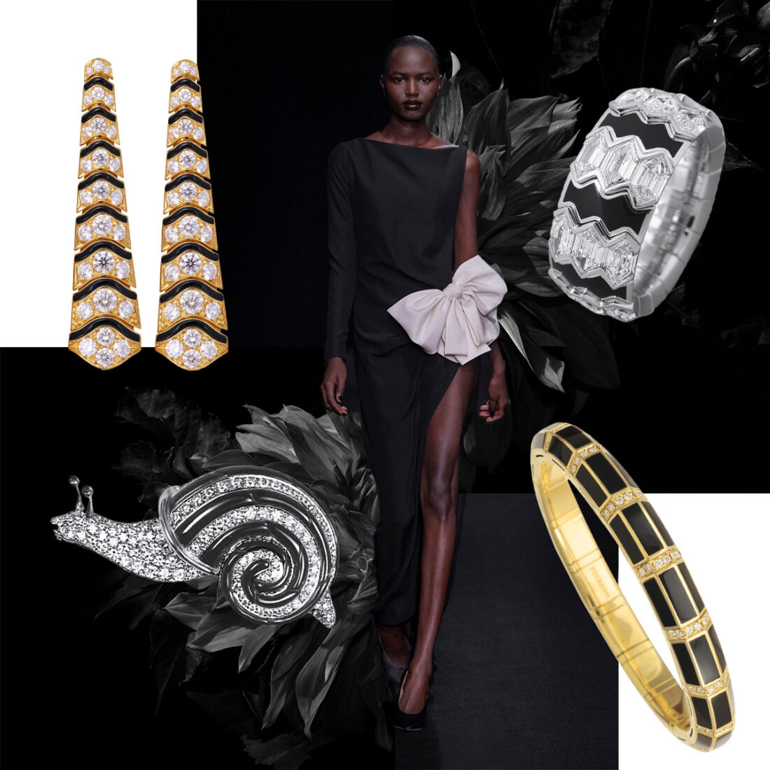 Clockwise from upper left – PICCHIOTTI Art Deco earrings, Valentino S/S ’23 (Spotlight Launchmetrics), PICCHIOTTI Xpandable Fashion Gems ring, PICCHIOTTI Xpandable “The 8158” Onyx and Diamond bracelet, PICCHIOTTI Snail Brooch
