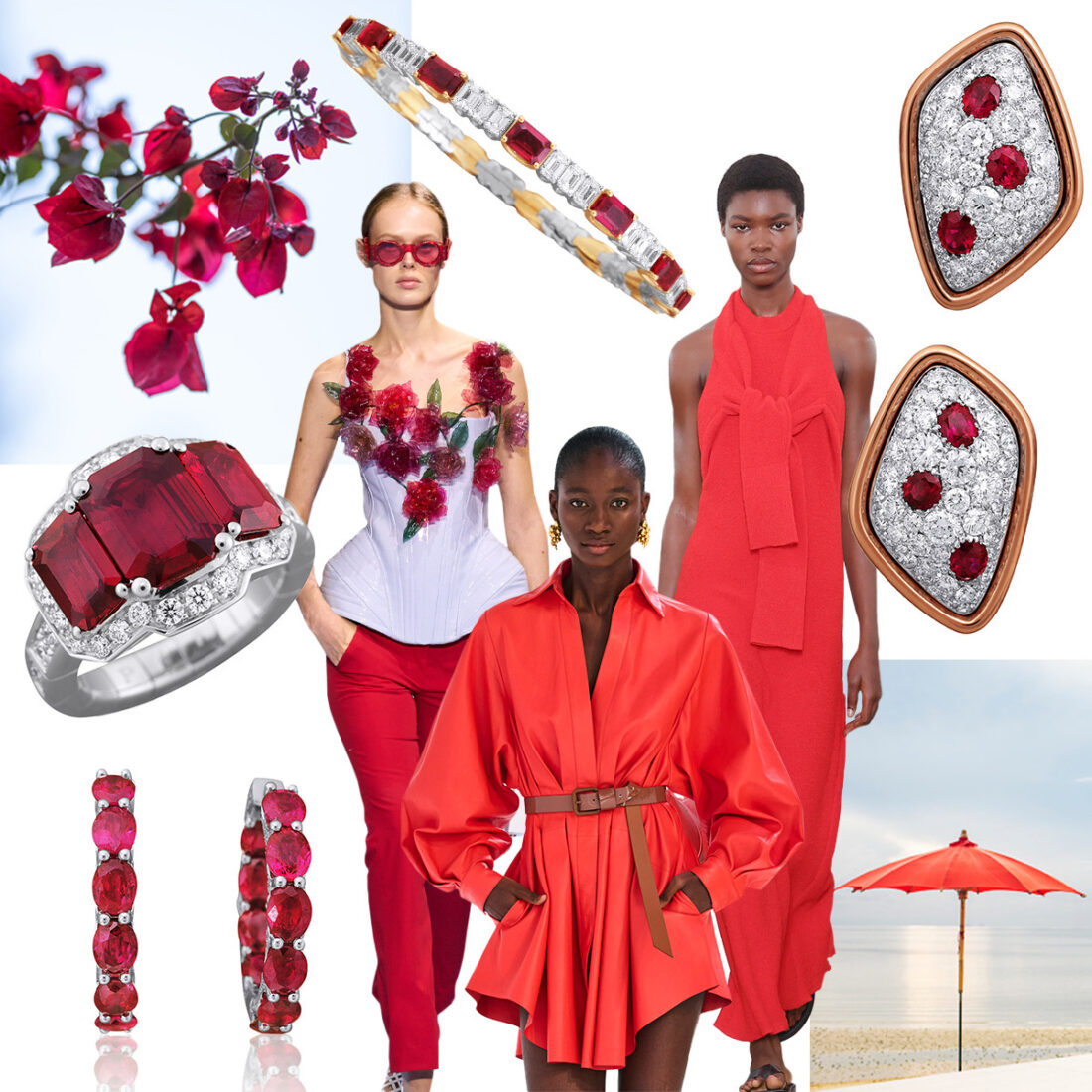 Clockwise from upper left – Balmain S/S 2024 (Spotlight Launchmetrics), PICCHIOTTI Xpandable Ruby and Diamond bracelet, Proenza Schouler S/S 2024 (Spotlight Launchmetrics), PICCHIOTTI Ruby Dots earring, Zimmerman S/S 2024 (Spotlight Launchmetrics), PICCHIOTTI Ruby Hoops, PICCHIOTTI Xpandable Ruby Three Stone cocktail ring 