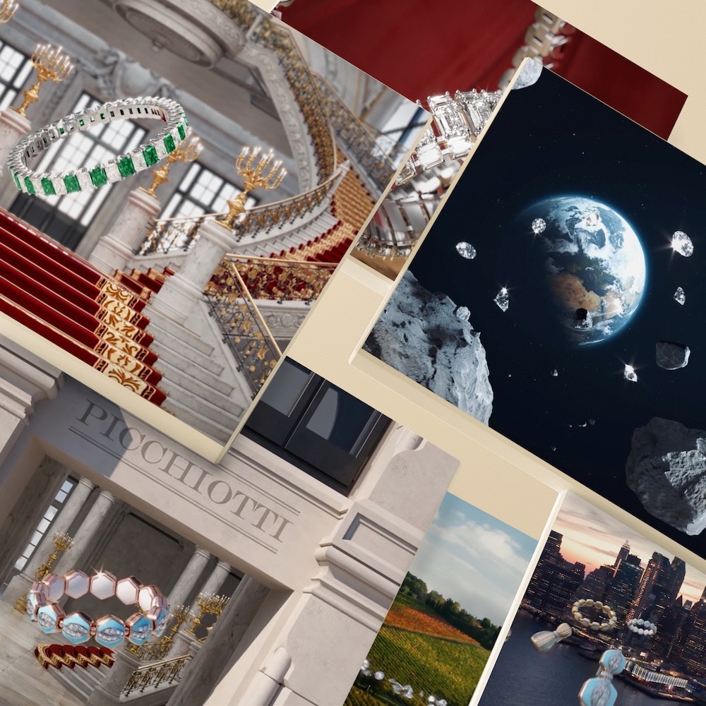 Various screenshots from the video campaign, showing the gemstones journey from origin to transformation at the PICCHIOTTI atelier in Valenza, Italy, top left – PICCHIOTTI Xpandable For the Love of Color Emerald and Diamond bracelet, PICCHIOTTI Reversible Xpandable Turquoise & Diamond and White Ceramic bracelet