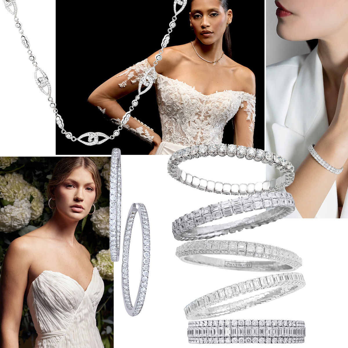 Clockwise from upper left – PICCHIOTTI Easy Wear diamond necklace, Justin Alexander FW 2025 (Spotlight Launchmetrics), Model wearing PICCHIOTTI Xpandable Bridal tennis bracelet, Assortment of PICCHIOTTI Xpandable bridal diamond tennis bracelets, PICCHIOTTI diamond hoop earrings, Nadia Manjarrez FW 2025 (Spotlight Launchmetrics)