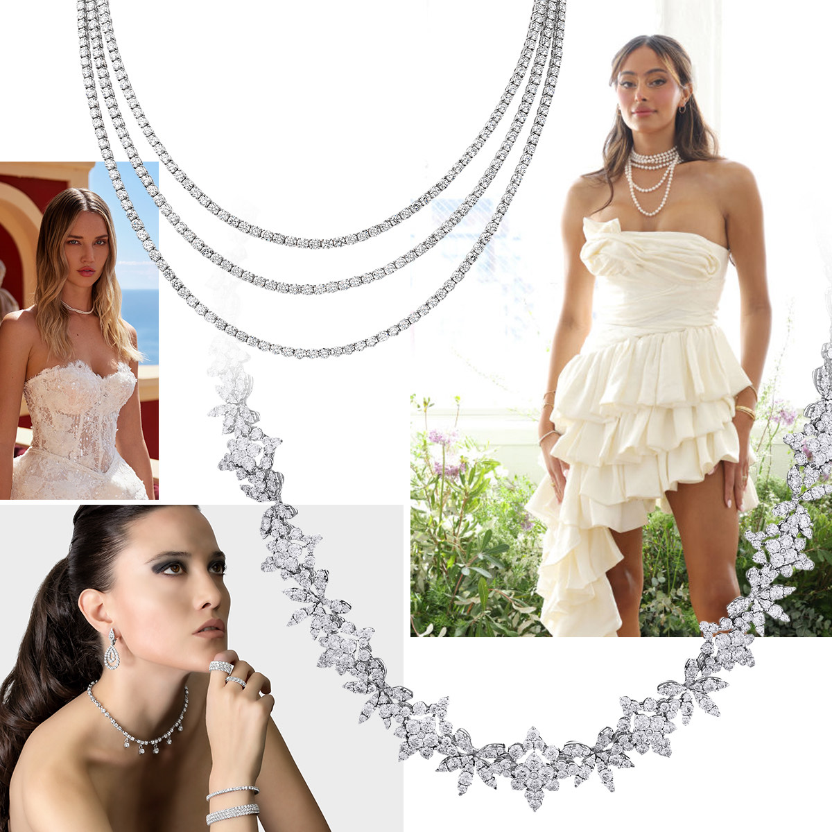 Clockwise from top center – PICCHIOTTI multi-strand diamond necklace, Bronx and Banco Bridal (Getty Images), PICCHIOTTI statement diamond necklace, model wearing PICCHIOTTI bridal jewelry, Yullia Lobachóva FW 2025 (Spotlight Launchmetrics)