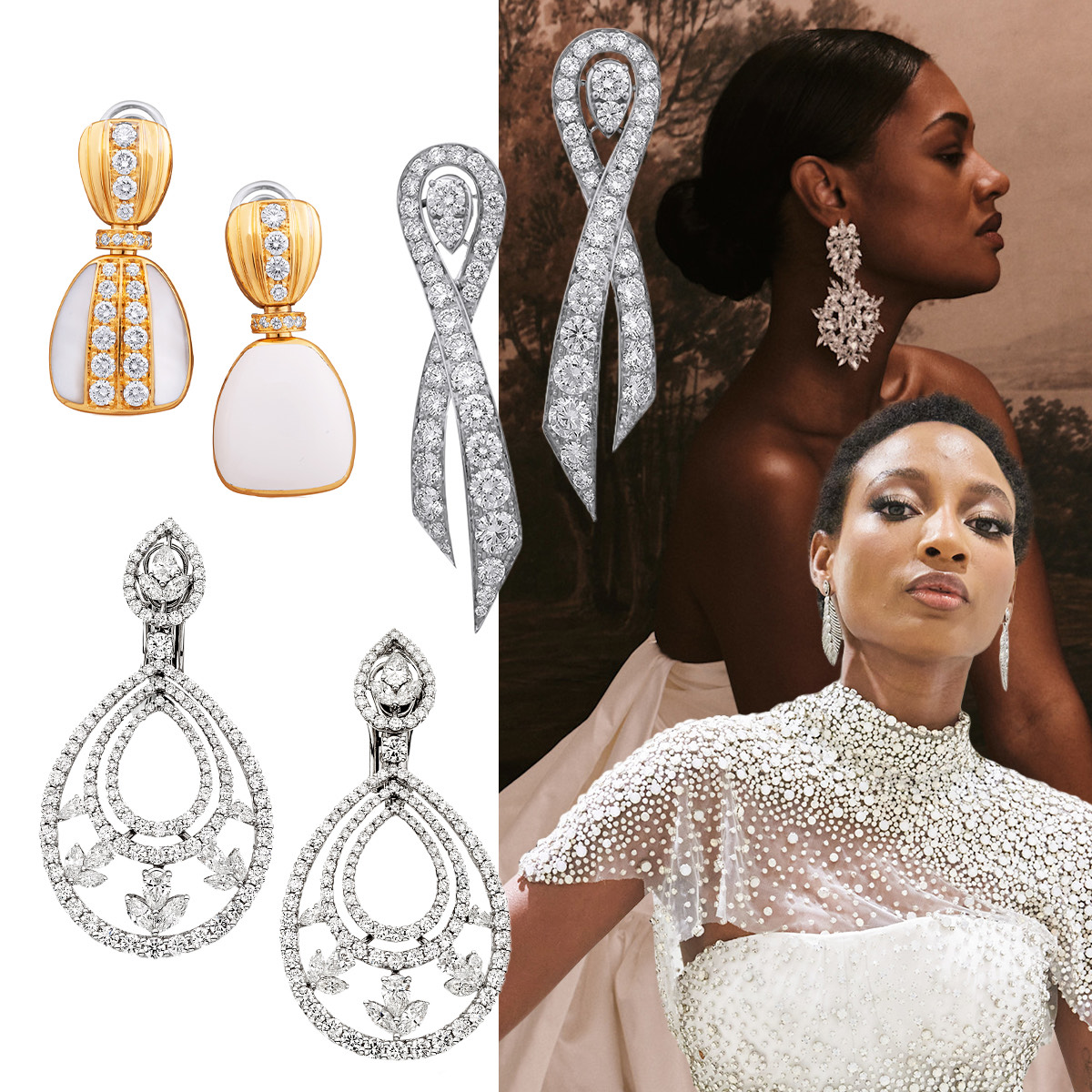 Clockwise from upper left – PICCHIOTTI Xpandable Reversible earrings, PICCHIOTTI crisscross Fiocco earrings, Renhue FW 2025 (Spotlight Lauchmetrics), Nardos FW 2025 (Spotlight Launchmetrics), PICCHIOTTI concentric hoop earrings with floral designs