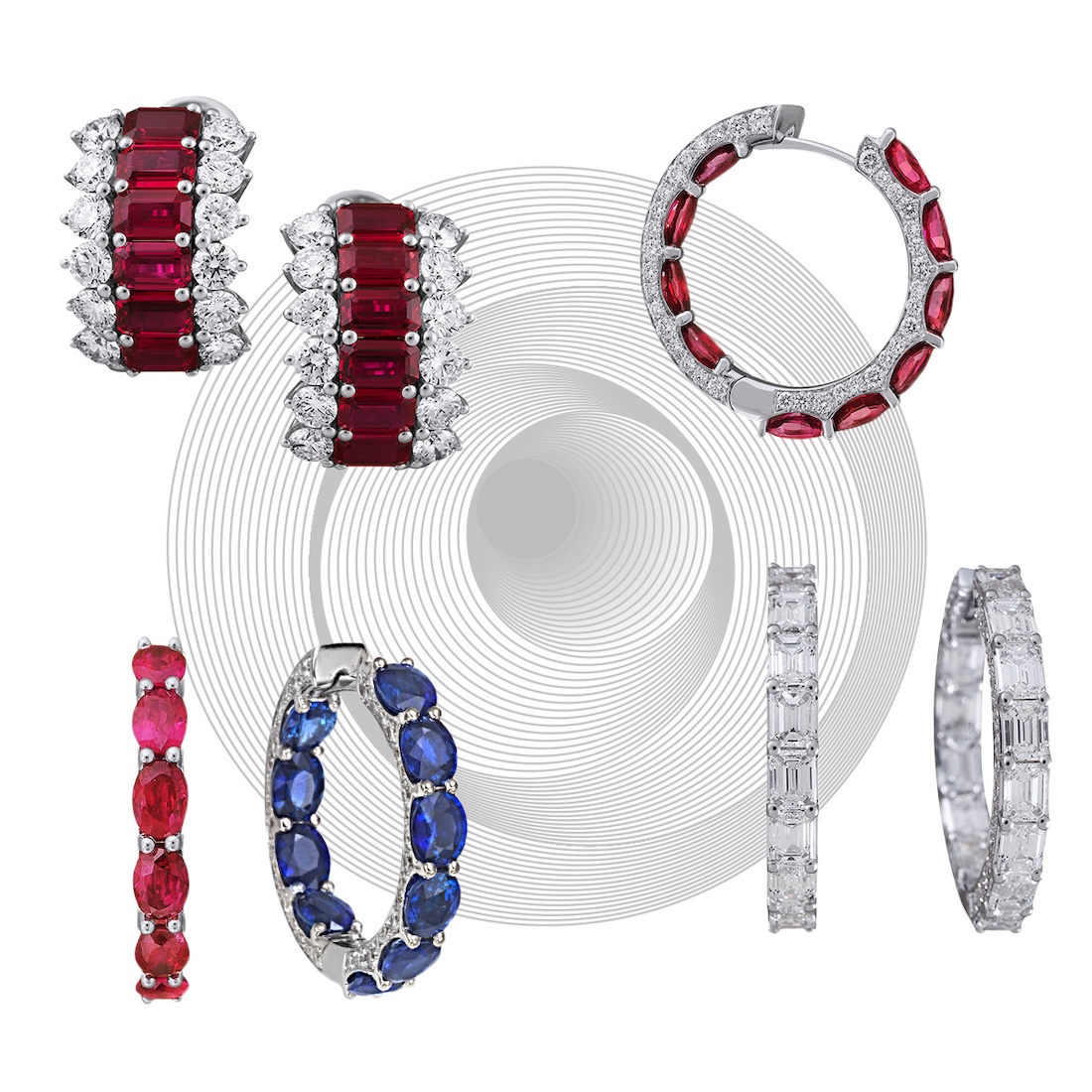 Clockwise from upper left – PICCHIOTTI emerald-cut ruby and pear diamond hoop earrings, PICCHIOTTI ruby hoop, PICCHIOTTI emerald-cut diamond hoops, PICCHIOTTI sapphire hoop, PICCHIOTTI ruby hoop