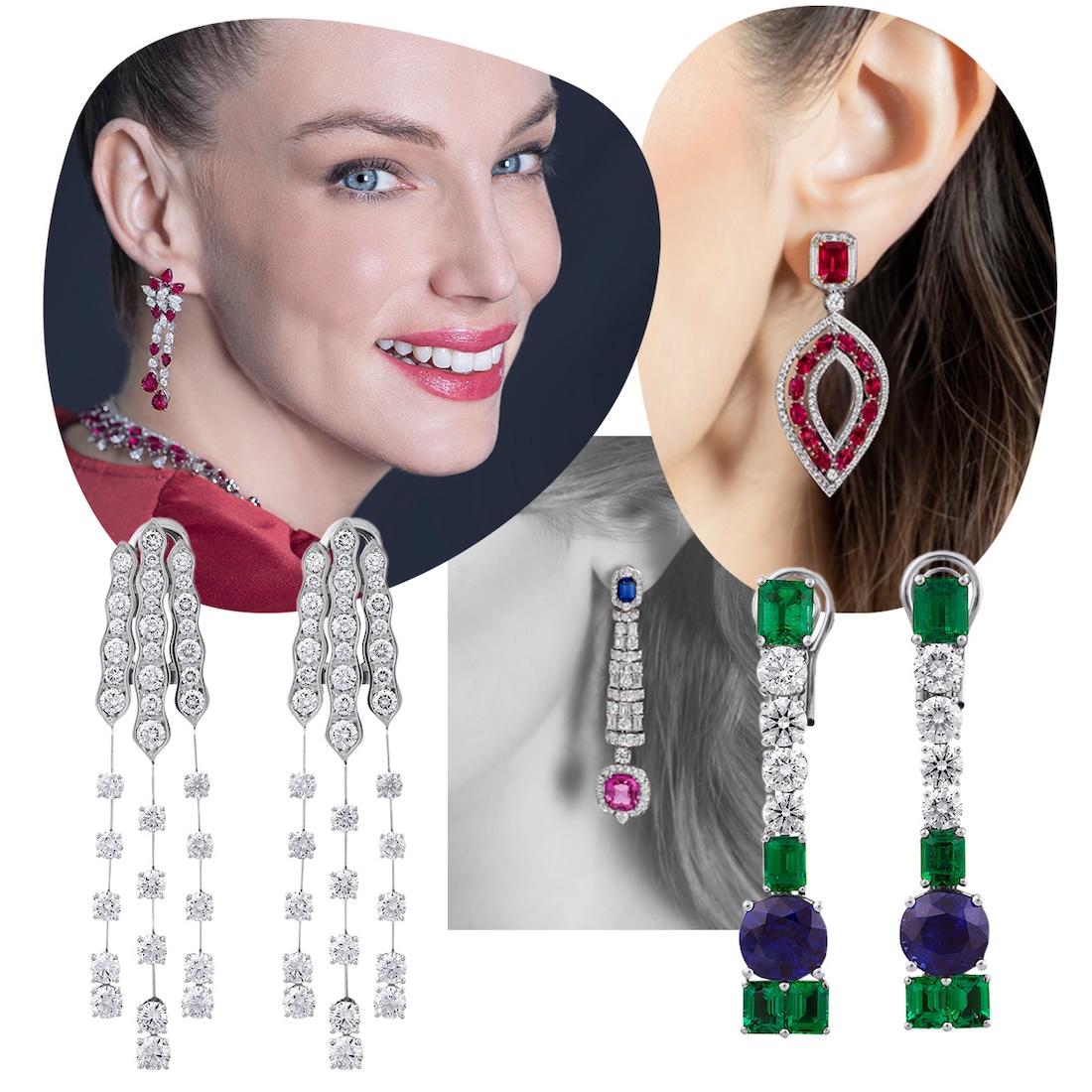 Clockwise from upper left – model wearing PICCHIOTTI Masterpieces ruby floral earrings, model wearing PICCHIOTTI chandelier ruby earrings, PICCHIOTTI stiletto sapphire and emerald earrings, model wearing PICCHIOTTI Essentially Color pink and blue sapphire earring, PICCHIOTTI Waves chandelier earrings