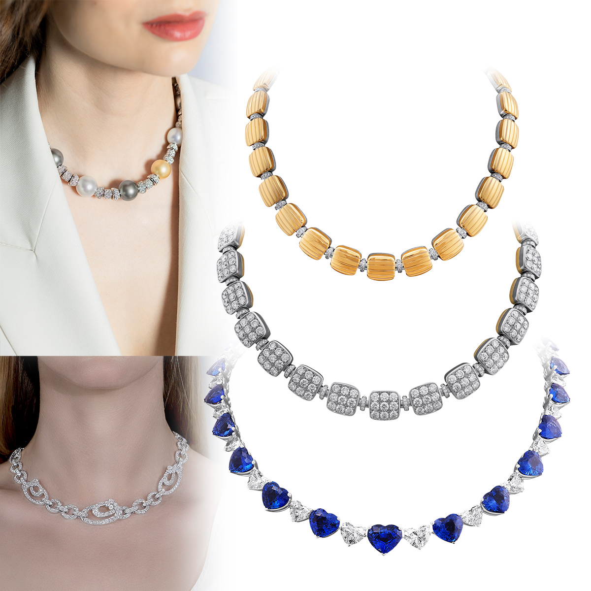 PICCHIOTTI pearl and diamond necklace, PICCHIOTTI Reversible diamond and gold necklace, PICCHIOTTI Masterpieces Heart sapphire and diamond necklace, PICCHIOTTI Swirl diamond necklace