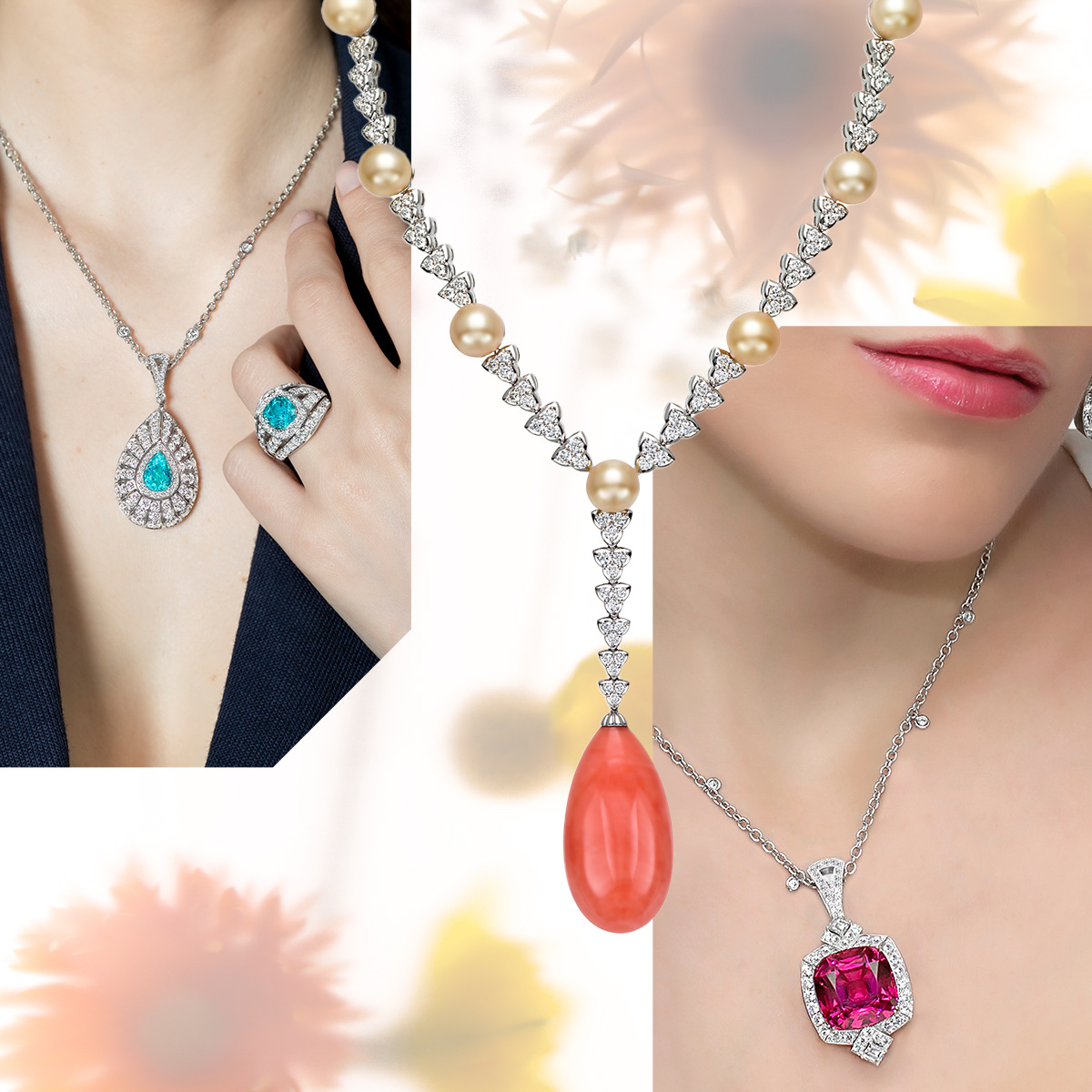 Clockwise from upper left – PICCHIOTTI Essentially Color Paraiba Tourmaline pendant necklace, PICCHIOTTI Essentially Color coral Y necklace, PICCHIOTTI Essentially Color pink tourmaline pendant necklace