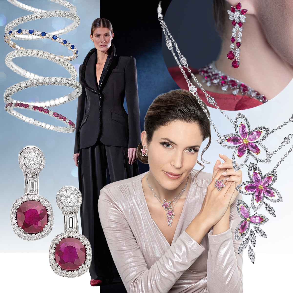 stack of PICCHIOTTI Xpandable bracelets, Zuhair Murad PreFall2025 (Spotlight Launchmetrics), model wearing PICCHIOTT ruby Masterpieces floral drop earrings, PICCHIOTTI pink sapphire flower necklace, model wearing PICCHIOTTI pink sapphire flower necklace, ring, and earrings, PICCHIOTTI ruby Masterpieces drop earrings