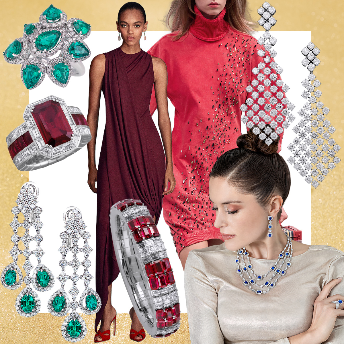 PICCHIOTTI emerald Masterpieces ring, Alaïa PreFall 2026 (Spotlight Launchmetrics), Louis Vuitton F/W 2025-26 (Spotlight Launchmetrics), PICCHIOTTI diamond chandelier earrings, model wearing PICCHIOTTI sapphire multistrand necklace, drop earrings, and statement ring, PICCHIOTTI Xpandable signature style ruby and diamond bracelet, PICCHIOTTI emerald chandelier earrings, PICCHIOTTI Xpandable ruby cocktail ring