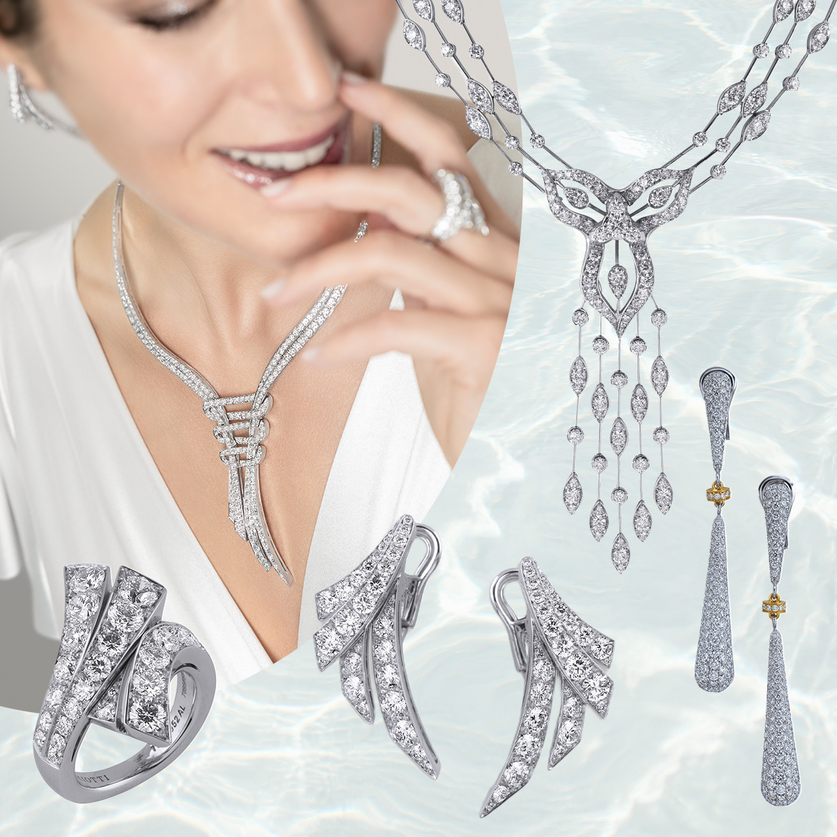 Clockwise from upper left – model wearing PICCHIOTTI Diamond Embrace necklace, earrings, ring, PICCHIOTTI Diamond Waterfall, PICCHIOTTI Elongated Drop earrings, PICCHIOTTI Diamond Embrace earrings, PICCHIOTTI Diamond Embrace ring