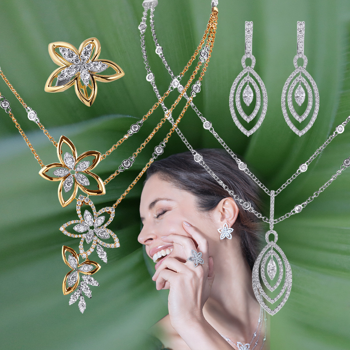 Clockwise from upper left – PICCHIOTTI Two-Tone Flower Ring, PICCHIOTTI Two-Tone Flower necklace, PICCHIOTTI Marquise Eclipse necklace, PICCHIOTTI Marquise Eclipse earrings, model wearing PICCHIOTTI Flower ring and earring