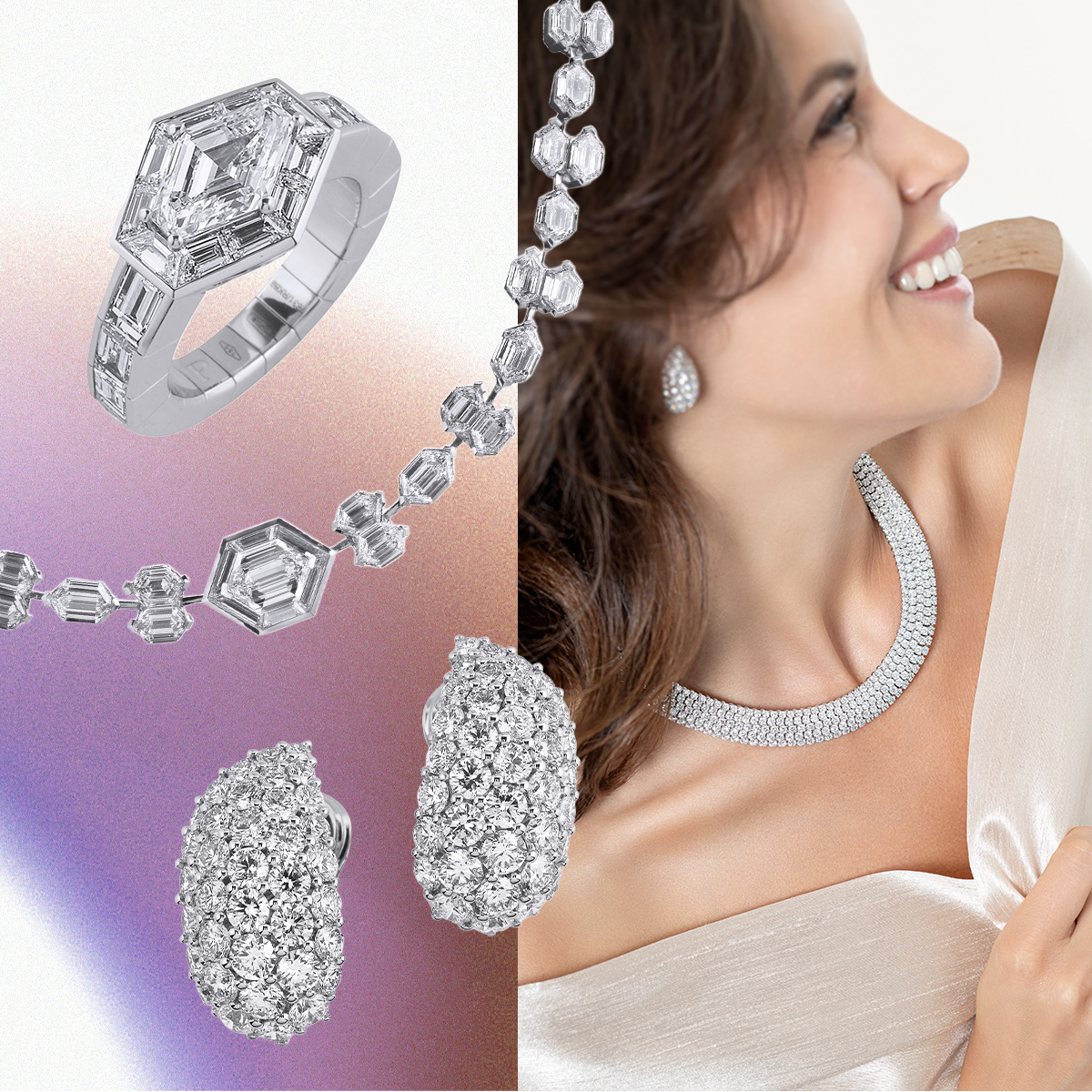 Clockwise from upper left – The Hexagon ring by PICCHIOTTI, The Hexagon necklace by PICCHIOTTI, model wearing PICCHIOTTI Bombé necklace and matching earrings, PICCHIOTTI Masterpieces earrings