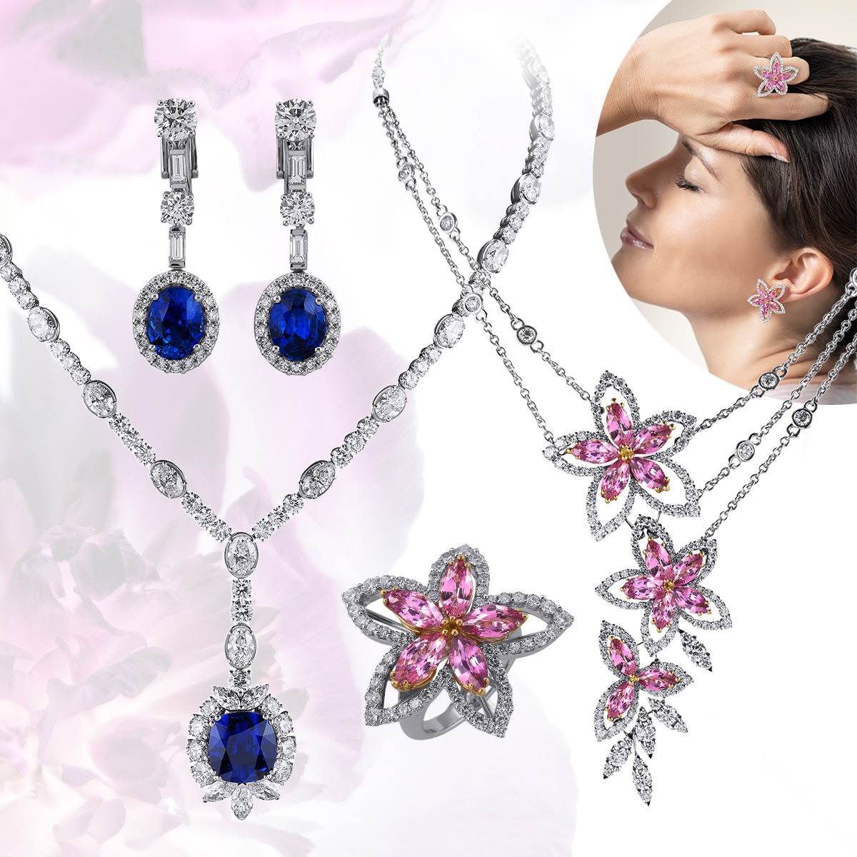 Clockwise from upper left – PICCHIOTTI Masterpieces Sapphire earrings, PICCHIOTTI Sapphire Eternity pendant necklace, model wearing PICCHIOTTI Pink Sapphire Flower ring and earrings, PICCHIOTTI Pink Sapphire Flower necklace, PICCHIOTTI Pink Sapphire Flower ring