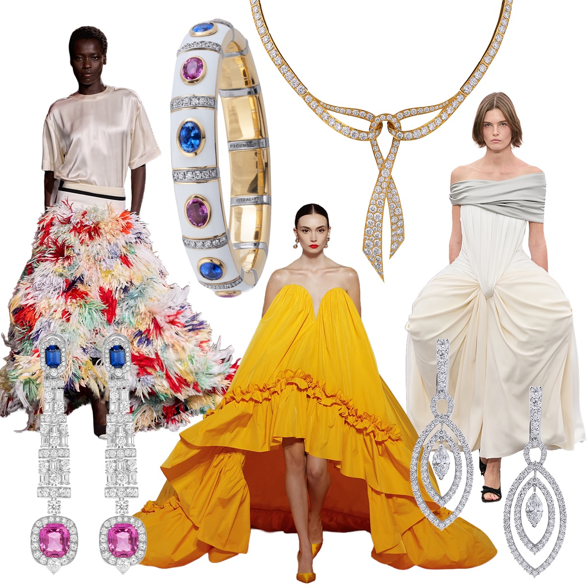 Clockwise from upper left – Chanel (S/S 2026 Spotlight Launchmetrics), PICCHIOTTI Essentially Color Xpandable bracelet, PICCHIOTTI Fiocco Ribbon necklace, Christian Dior (S/S 2026 Spotlight Launchmetrics), PICCHIOTTI Marquise Eclipse earrings, Carolina Herrera (S/S 2026 Spotlight Launchmetrics), PICCHIOTTI Essentially Color earrings 