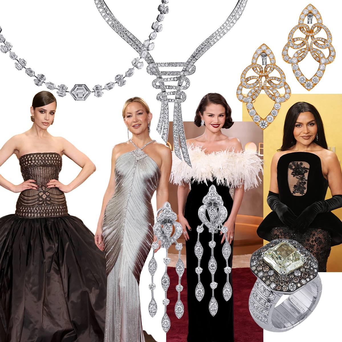 Clockwise from upper left – The Hexagon necklace by PICCHIOTTI, The Diamond Embrace necklace by PICCHIOTTI, PICCHIOTTI Fiocco Ribbon earrings, Mindy Kaling at the 2026 SAG AFTRA Actor Awards, PICCHIOTTI Desert Diamonds ring, Selena Gomez at the 2026 Golden Globes, PICCHIOTTI Diamond Waterfall earrings, Kate Hudson at the 2026 Golden Globes, Sofia Carson at the 2026 SAG AFTRA Actor Awards (all red carpet looks from Getty images)