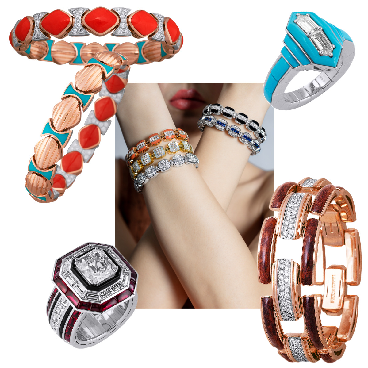 model wearing PICCHIOTTI classic bridal eternity bands and tennis bracelets, PICCHIOTTI emerald cut eternity band, PICCHIOTTI mirror diamonds and turquoise cocktail ring, PICCHIOTTI Xpandable 8158 coral bracelet, PICCHIOTTI Xpandable Snakewood bracelet, PICCHIOTTI Xpandable Reversible bracelet, PICCHIOTTI Xpandable diamond cocktail ring