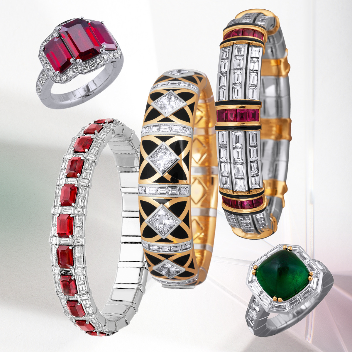 The Hexagon Xpandable ring by PICCHIOTTI, PICCHIOTTI Masterpieces Pigeon’s Blood ruby Xpandable bracelet, PICCHIOTTI Xpandable princess cut diamond, black ceramic bracelet, Impeccably PICCHIOTTI Masterpieces bracelet, PICCHIOTTI Xpandable no heat naturalPink Sapphire ring
