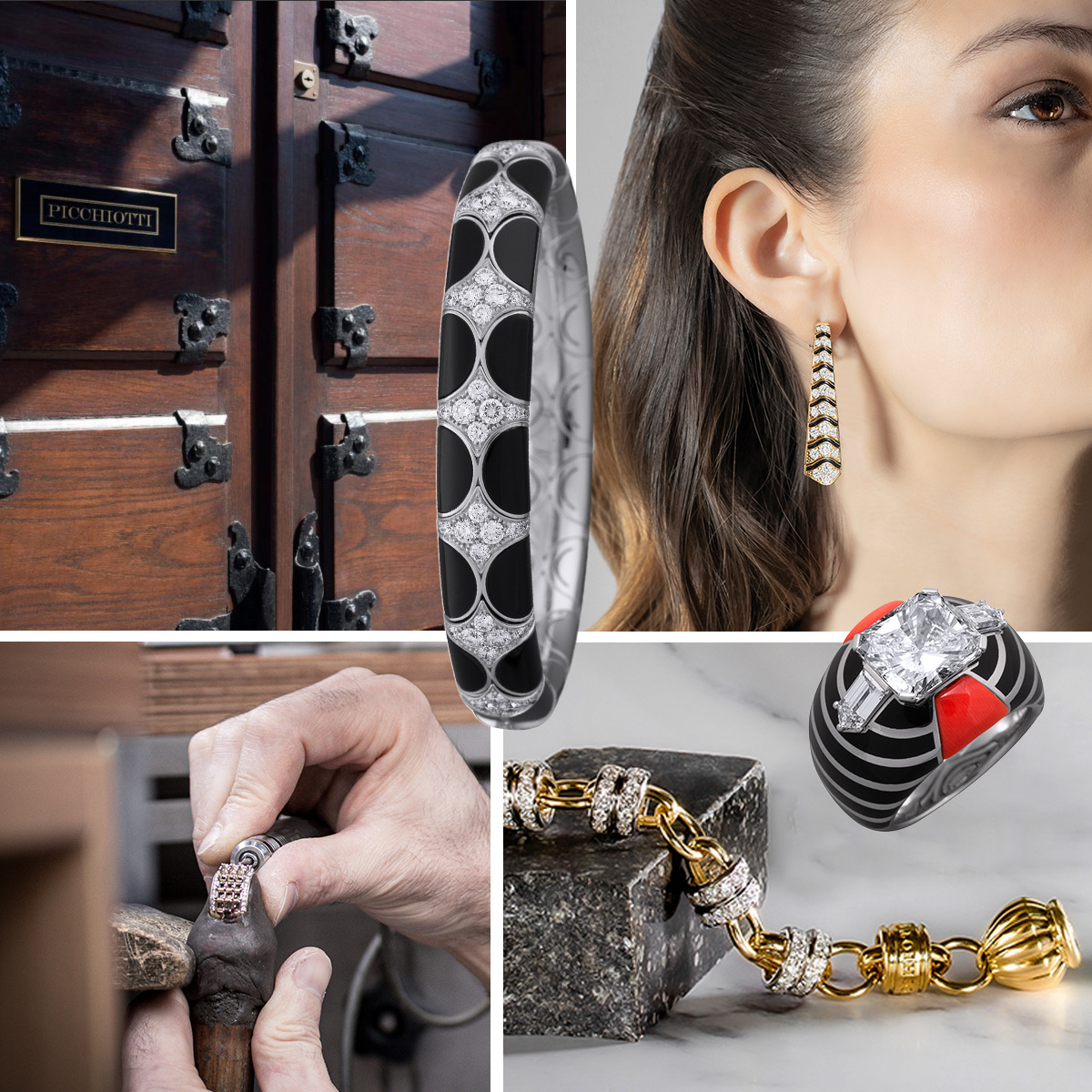 doors to the PICCHIOTTI Atelier in Valenza, Italy, PICCHIOTTI Xpandable Onyx and Diamond bracelet, model wearing PICCHIOTTI Art Deco earrings, PICCHIOTTI Art Deco inspired cocktail ring with coral, black gem ceramic, and white diamonds, PICCHIOTTI Easy Wear Gold and Diamond link bracelet, handcraftsmanship at PICCHIOTTI atelier 