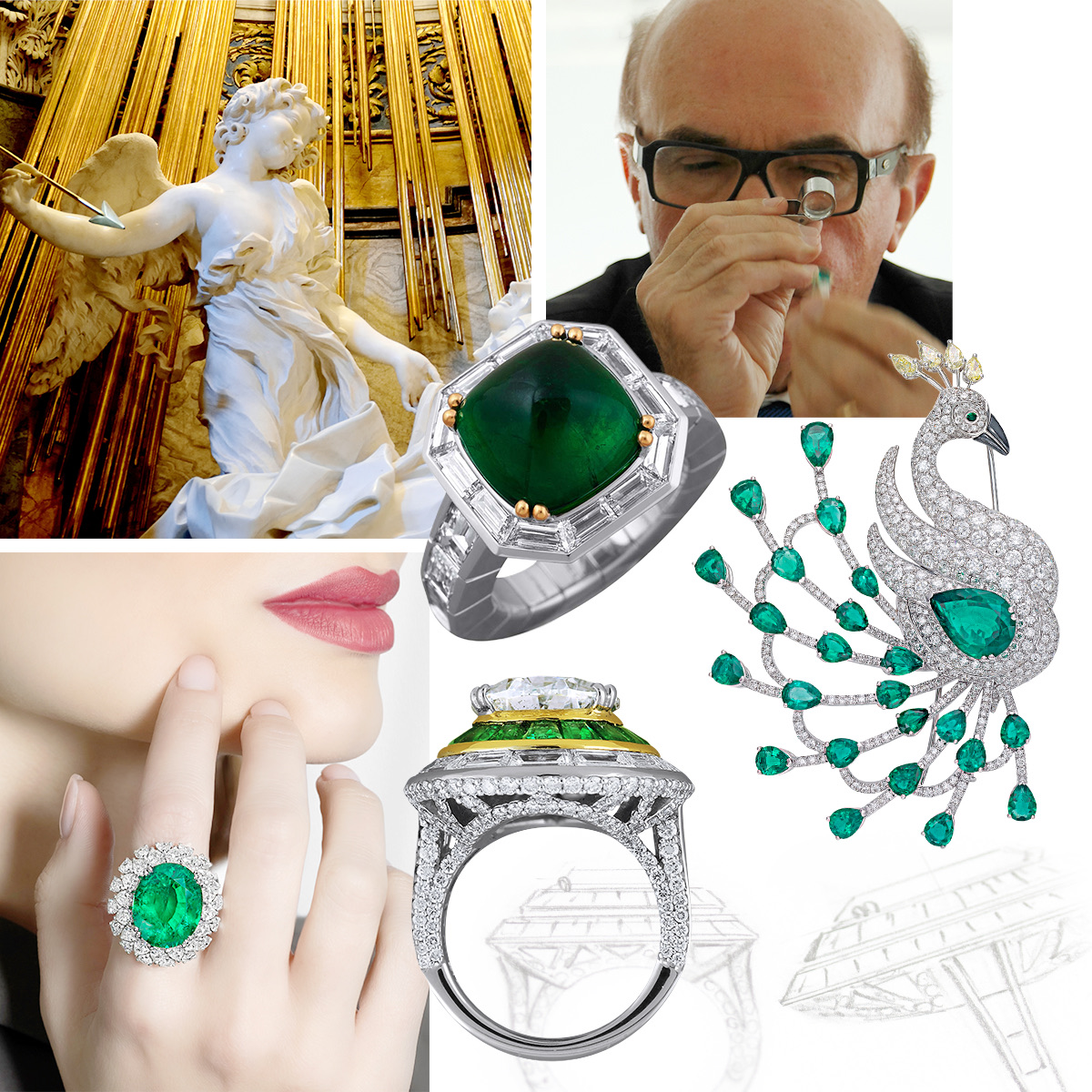Santa Maria della Vittoria in Rome (Getty Images), Giuseppe Picchioti, PICCHIOTTI Peacock Masterpieces Emerald and Diamond brooch, PICCHIOTTI Masterpieces Emerald ring, model wearing PICCHIOTTI Masterpieces Emerald and Pear Diamond ring, PICCHIOTTI Xpandable Sugar Loaf Emerald cocktail ring 