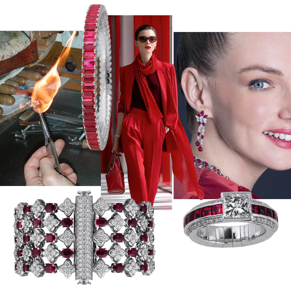 Craftsman at work in the PICCHIOTTI Atelier in Valenza, Italy, PICCHIOTTI Ruby Xpandable bracelet, Valentino red, model wearing PICCHIOTTI Masterpieces Ruby and Diamond earrings and necklace, PICCHIOTTI Xpandable Diamond and Ruby ring, PICCHIOTTI Ruby Lace Masterpieces necklace 