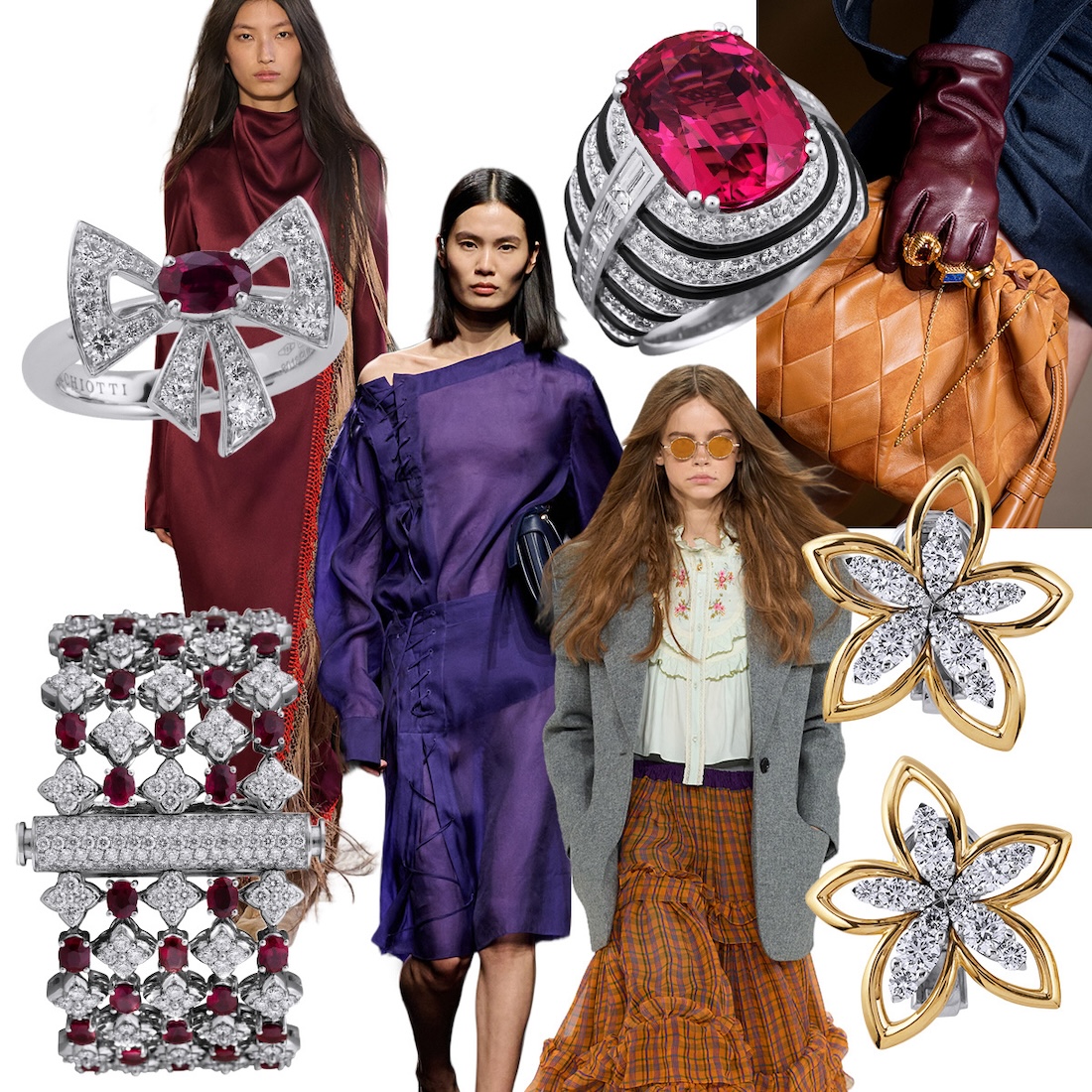 Gabriella Hearts F/W 26-27, Ferragamo F/W 26-27, PICCHIOTTI pink tourmaline and onyx cocktail ring, Zimmerman F/W 26-27, PICCHIOTTI flower earrings, Chloé F/W 26-27, PICCHIOTTI ruby lace bracelet, PICCHIOTTI Luminous Knot ruby ring (all fashion images Spotlight Launchmetrics)