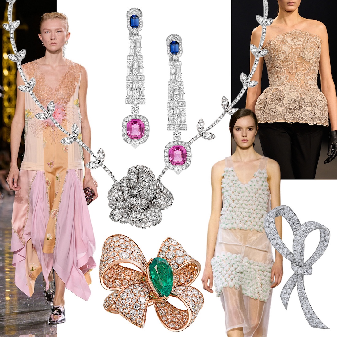 Clockwise from upper left – Chanel F/W 26-27, PICCHIOTTI Flora necklace, PICCHIOTTI Essentially Color earrings, Elie Saab F/W 26-27, Victoria Beckham F/W 26-27, PICCHIOTTI Fiocco design in earrings and brooch, PICCHIOTTI Fiocco emerald ring (all fashion images Spotlight Launchmetrics)