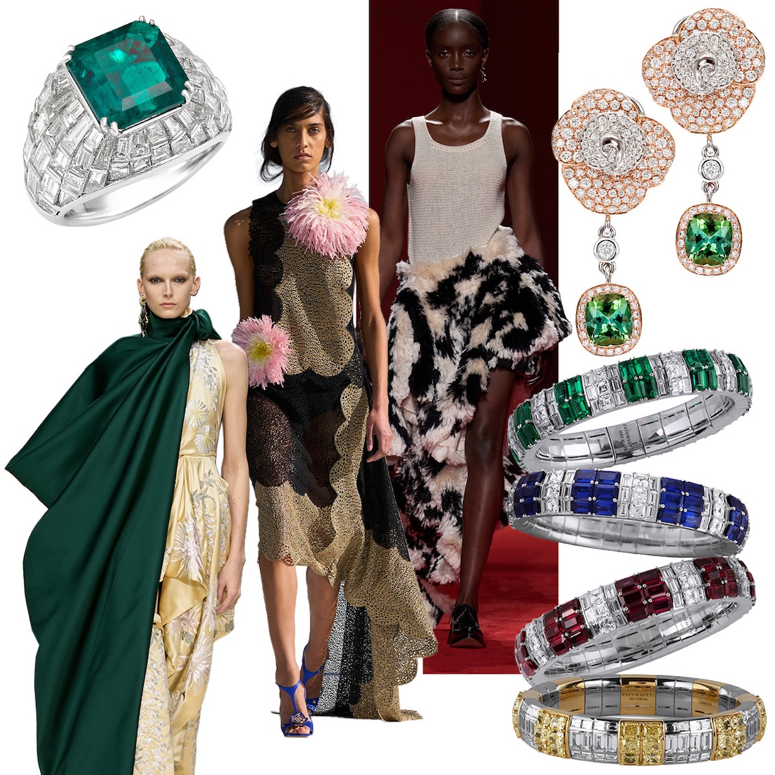 Clockwise from upper left – PICCHIOTTI Masterpieces emerald ring, Christian Dior F/W 26-27, Bottega Veneta F/W 26-27, PICCHIOTTI Flora earrings, PICCHIOTTI Xpandable Signature Style bracelets in emerald, sapphire, ruby, and fancy yellow diamonds, Givenchy F/W 26-27 (all fashion images Spotlight Launchmetrics)