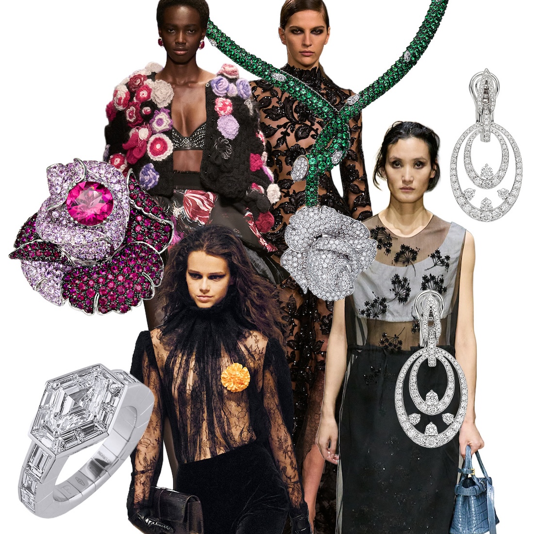 Clockwise from upper left – Roberto Cavalli F/W 26-27, PICCHIOTTI Flora necklace, Elie Saab F/W 26-27, PICCHIOTTI oval hoop diamond earrings, Prada F/W 26-27, Khaite F/W 26-27, PICCHIOTTI The Hexagon ring (all fashion images Spotlight Launchmetrics)