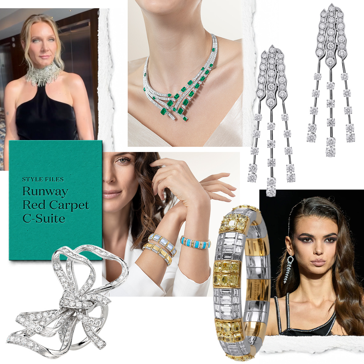 Morgane Stapleton styled by Tiffany Gifford at the 60th ACM Awards, PICCHIOTTI Emerald Wonder Masterpieces necklace, PICCHIOTTI Waves diamond earrings, Philipp Plein S/S 2027 (Spotlight/Launchmetrics), PICCHIOTTI Signature Style Xpandable bracelet with fancy yellow diamonds, model wearing PICCHIOTTI Xpandable Fashion Gems Turquoise, White Gold, and Yellow Gold bracelets, PICCHIOTTI Fiocco Bow ring