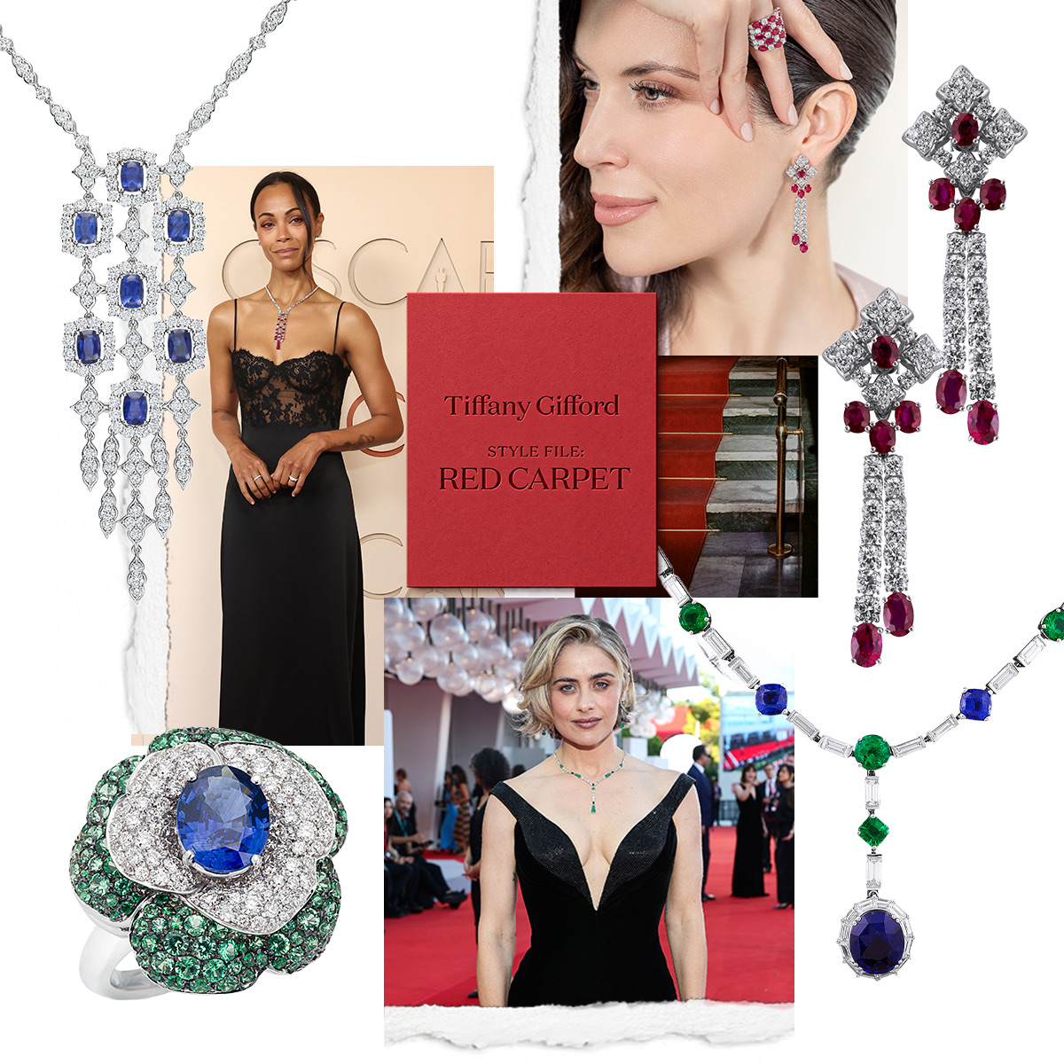 Clockwise from upper left – PICCHIOTTI Chandelier Sapphire and Diamond necklace, Zoe Saldaña at the 2026 Oscars, model wearing PICCHIOTTI Ruby Lace ring and Ruby Chandelier Floral drop earrings, PICCHIOTTI Masterpieces Sapphire Emerald convertible necklace, Greta Scarano at the Venice Film Festival 2026, PICCHIOTTI Flora ring in sapphire, tsavorite, and diamond