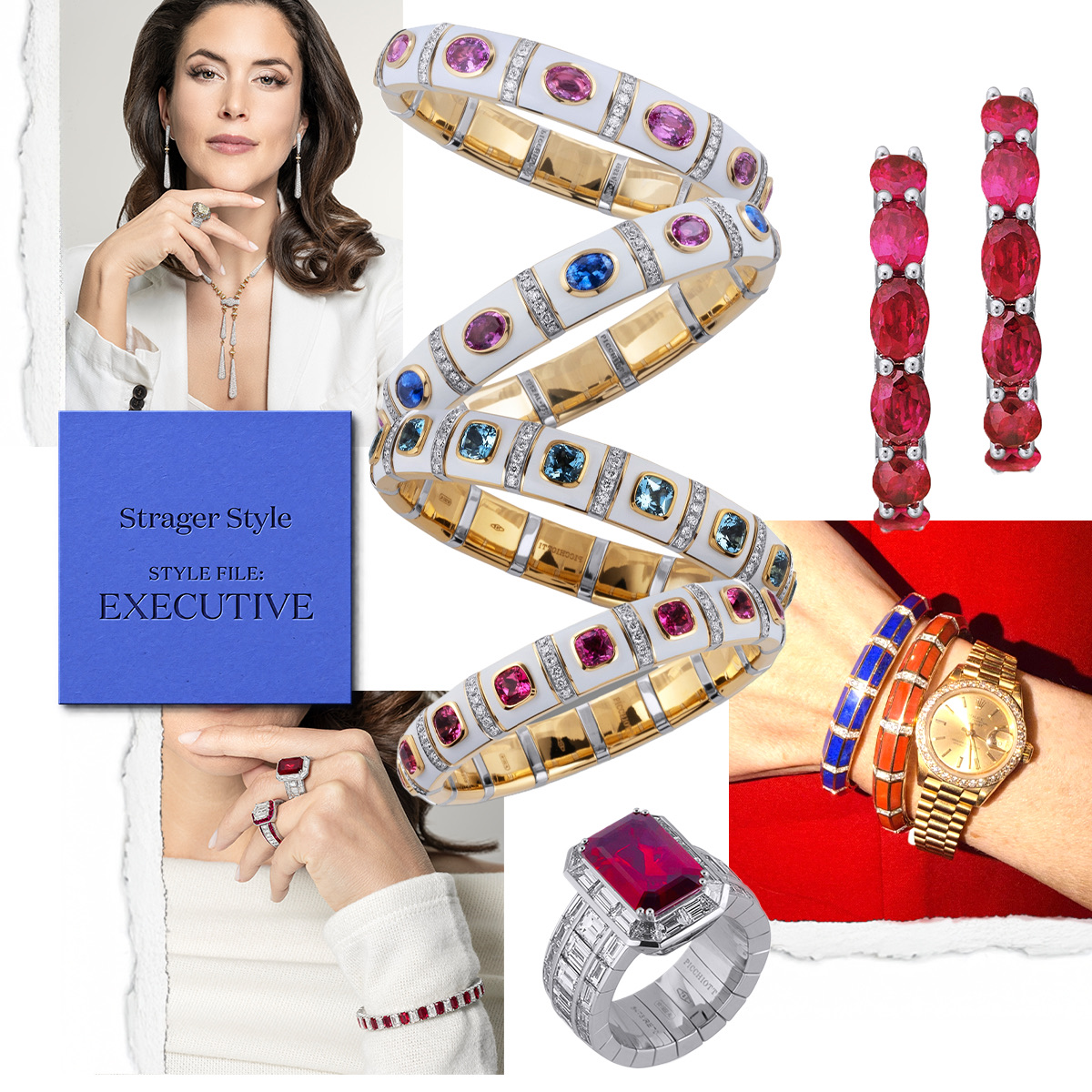 model wearing PICCHIOTTI Elongated Drop necklace and earrings with Xpandable Desert Diamond ring, stack of PICCHIOTTI Xpandable Essentially Color bracelets, PICCHIOTTI Ruby Hoop earrings, @tinywristcheck stack of luxury watch with PICCHIOTTI Fashion Gems Coral and Lapis bracelets, PICCHIOTTI Xpandable Octagonal Ruby cocktail ring, model wearing PICCHIOTTI Xpandable For the Love of Color ruby bracelet, Xpandable Ruby cocktail ring, and Xpandable Diamond and Ruby cocktail ring